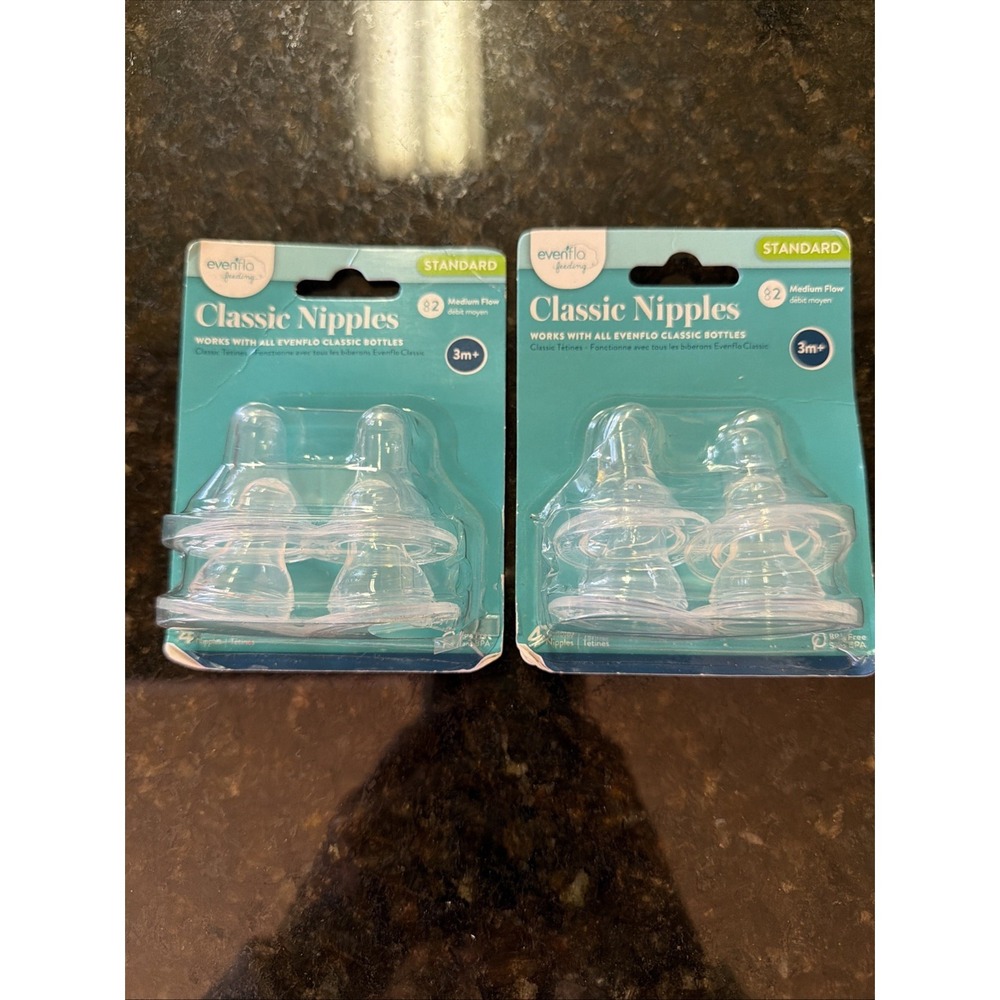 Evenflo Classic Nipples Medium Flow 4-Pack Standard Silicone Lot Of 2 8 Nipples